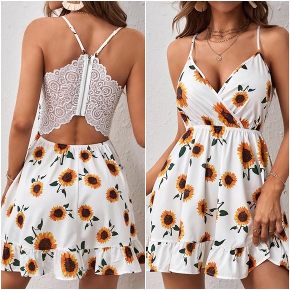 Boho Sunflower Floral Print Lace Mini Dress - Picture 1 of 4